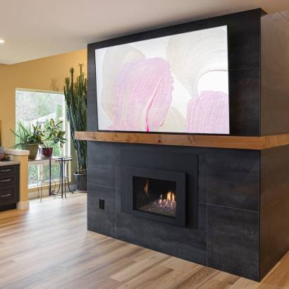 Open kitchen layout with large central island for cooking and seating, part of Issaquah remodel
